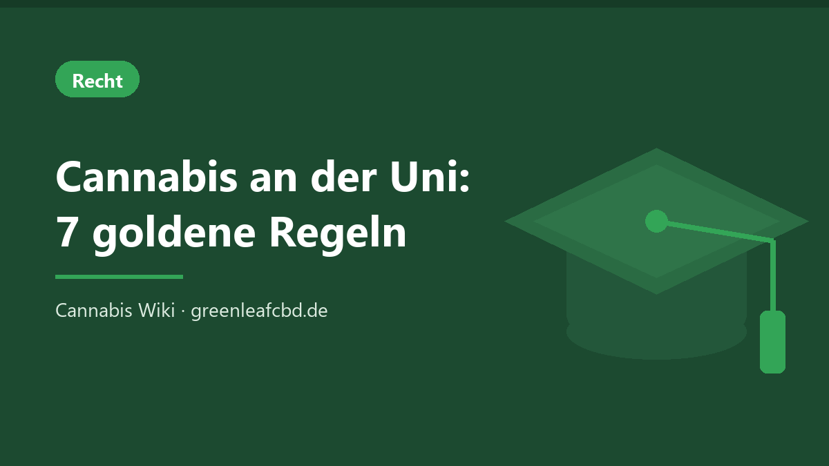 Cannabis an der Uni: Titelbild mit Doktorhut und den 7 goldenen Regeln für Campus, Wohnheim und Auslandssemester